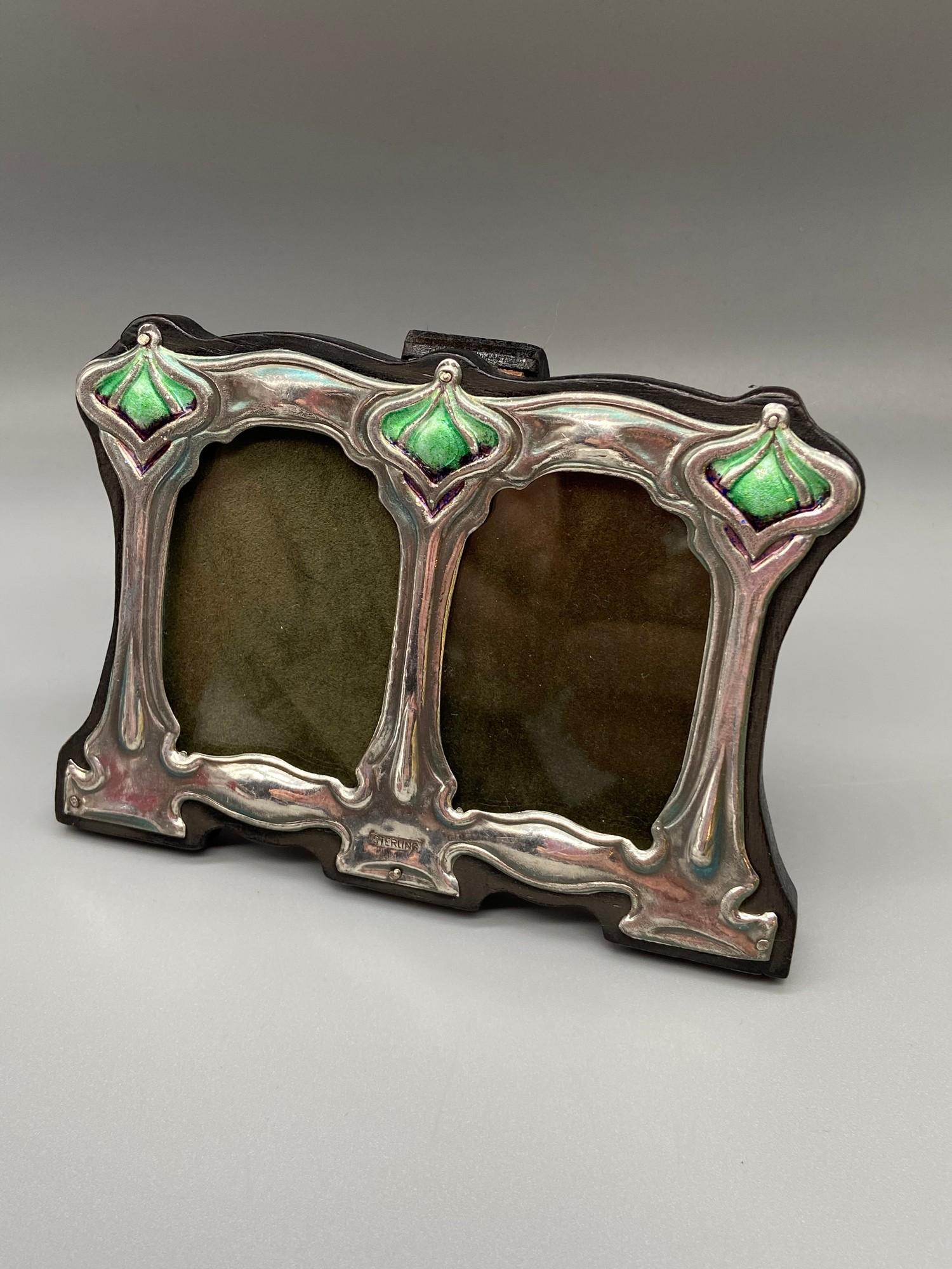 A Silver and enamel art nouveau style double easel back picture frame [7.5x11.5cm]