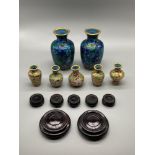 A Selection of various miniature cloisonné vases, Together with a pair of blue ground cloisonné