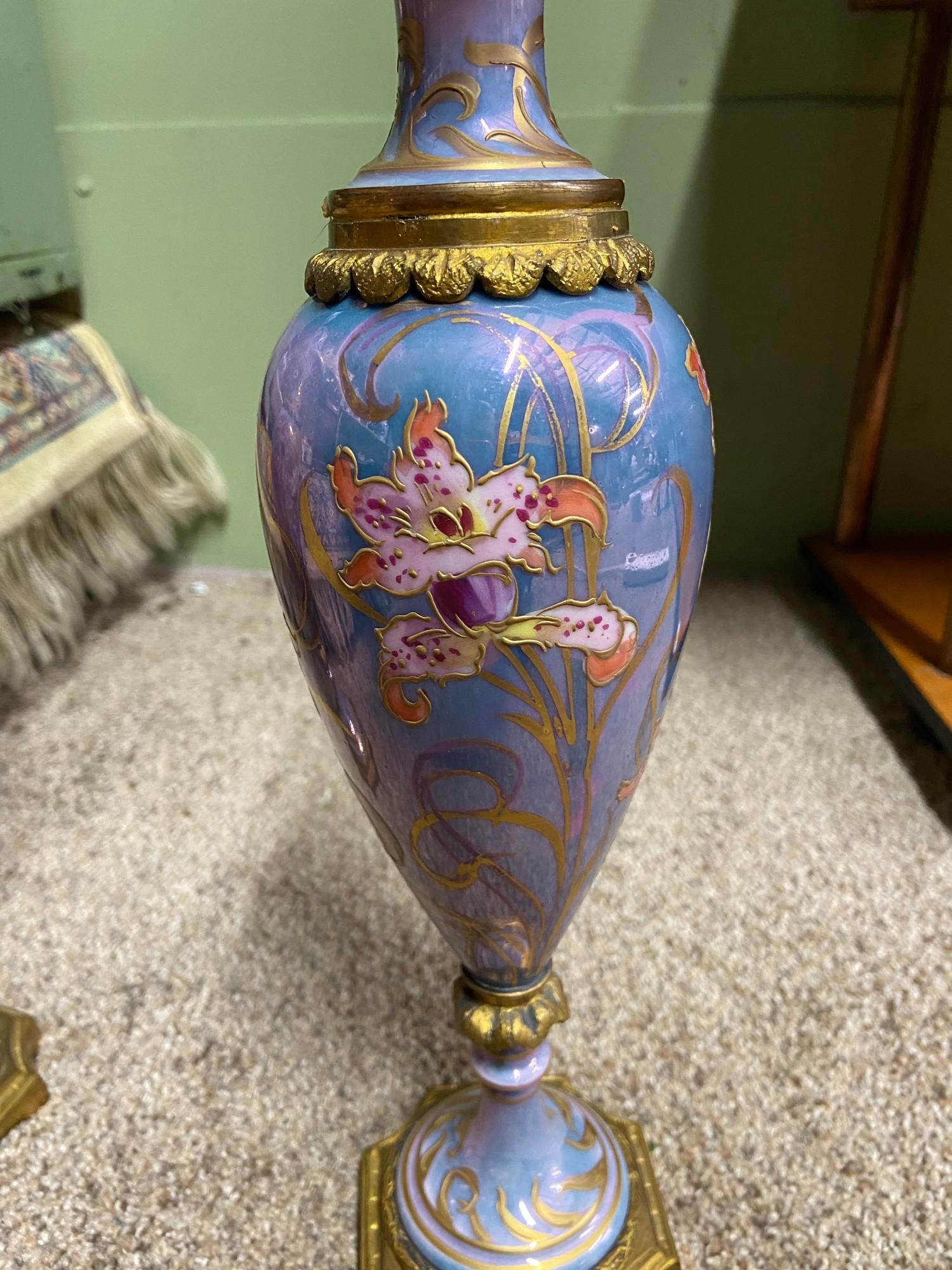 A Pair of antique French Sevres marked Art Nouveau and gilt ormolu design vases. [As Found] - Image 11 of 13