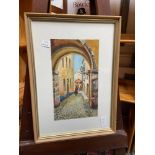 An original watercolour depicting an European close/ archway. Signed by the artist.