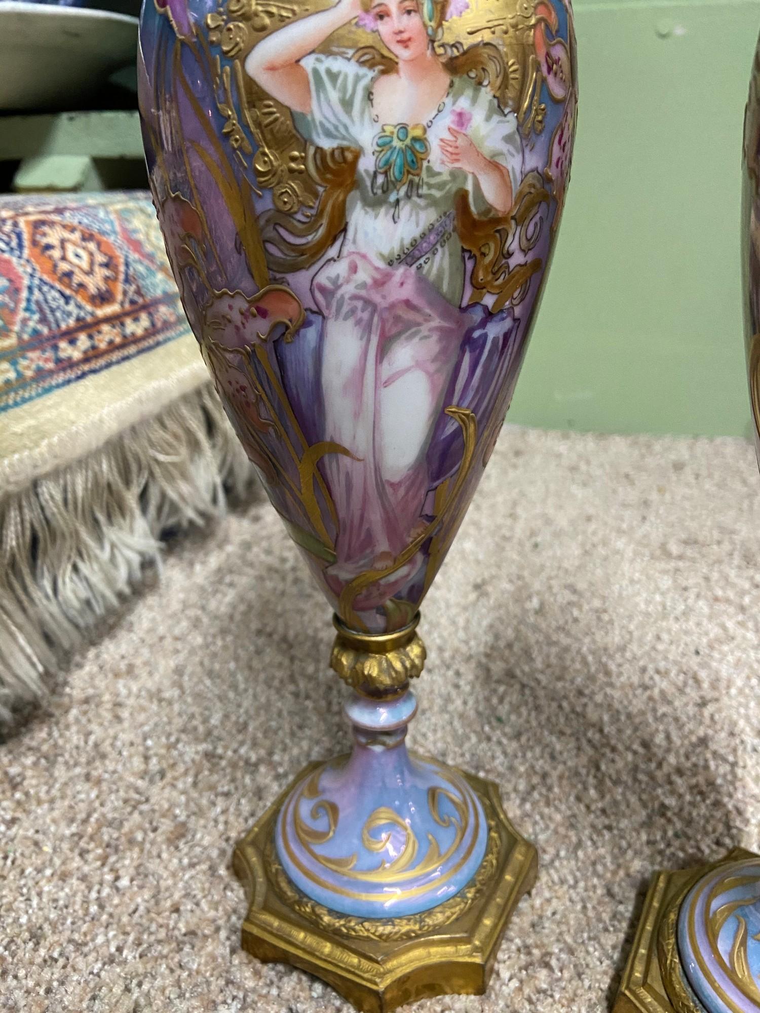 A Pair of antique French Sevres marked Art Nouveau and gilt ormolu design vases. [As Found] - Image 3 of 13