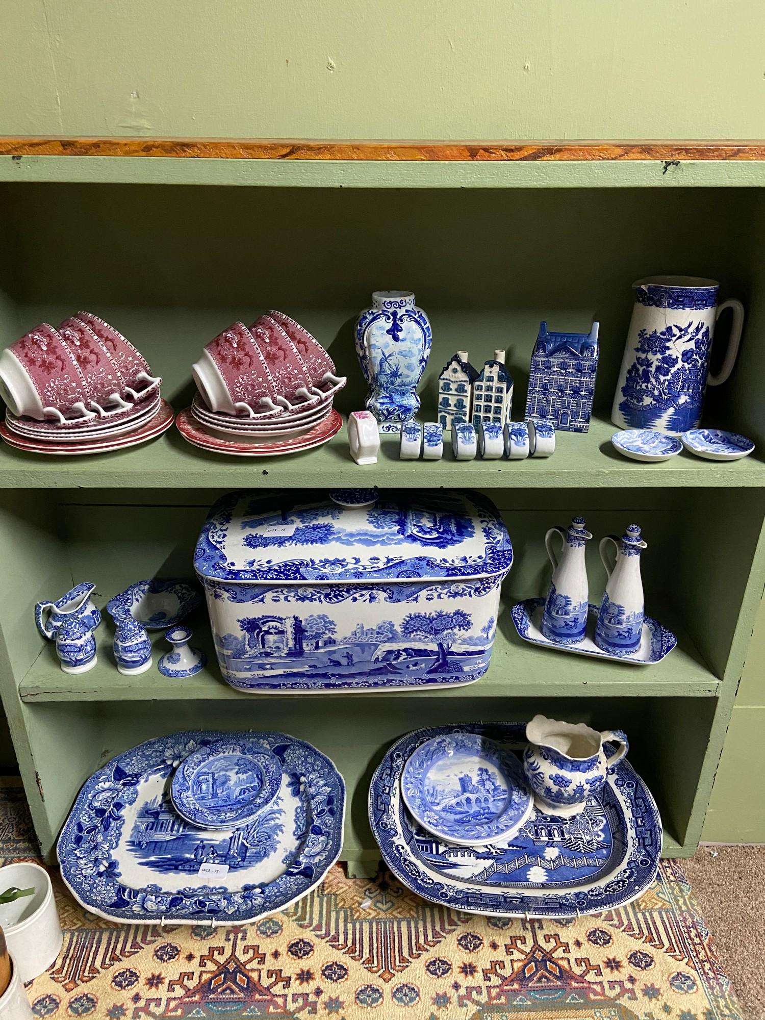 A Collection of Blue and white ware to include large Spode bread bin with lid, Spode red and white