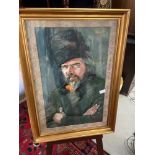 Antique Russian watercolour of a gentleman with crossed arms, wearing a heavy coat and hat. Fitted