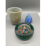 Three pieces of unique art glass. Includes Scottish pin dish, art glass cup and William twist