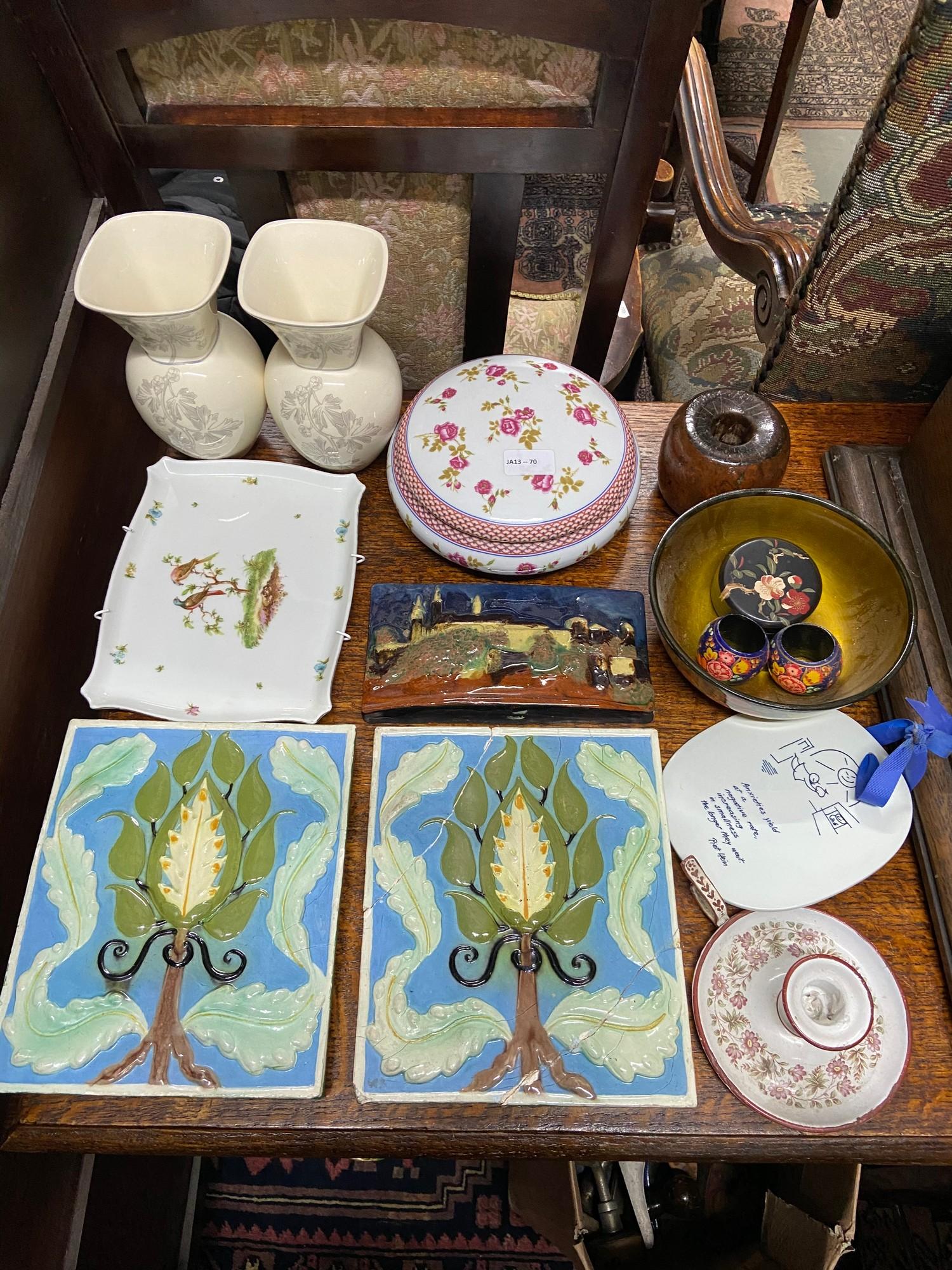 A Lot of various collectables to include Two Victorian Tiles, Enamel candle stick holder, Royal