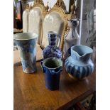 A Selection of studio pottery and stone ware items to include Buchan pottery water jug and Studio