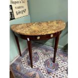 A Victorian half moon console table. Designed with a hand painted top to look like marble. Also