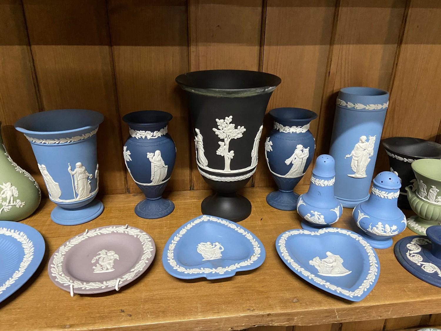 A Shelf of various Wedgwood Jasper ware vases, plates and cruets - Image 3 of 4