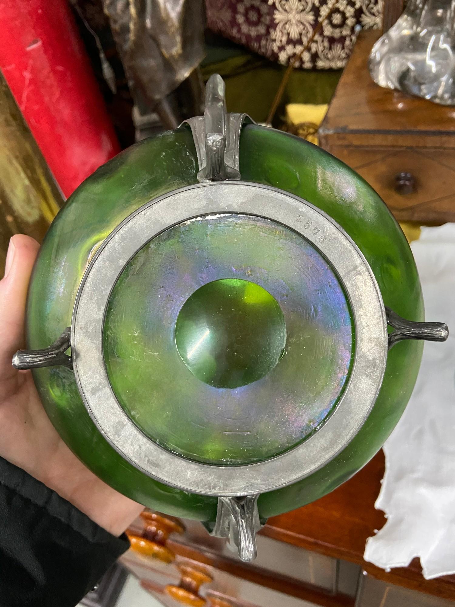 An Art Nouveau Loetz Iridescent art glass and pewter two handle bowl. [ - Image 4 of 4