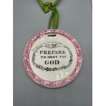 Sutherland lustre ware wall plaque 'Prepare to meet thy God' [17cm in diameter]