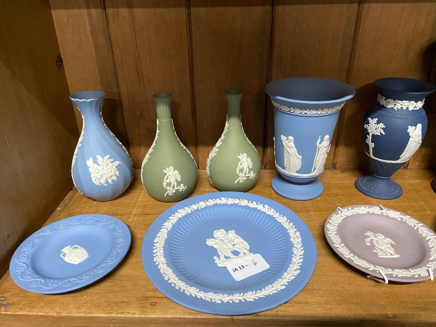 A Shelf of various Wedgwood Jasper ware vases, plates and cruets - Image 2 of 4