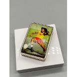 A Silver 925 pill box with an enamel lid depicting Bob Marley playing football. [Measures 1.5x5x3.