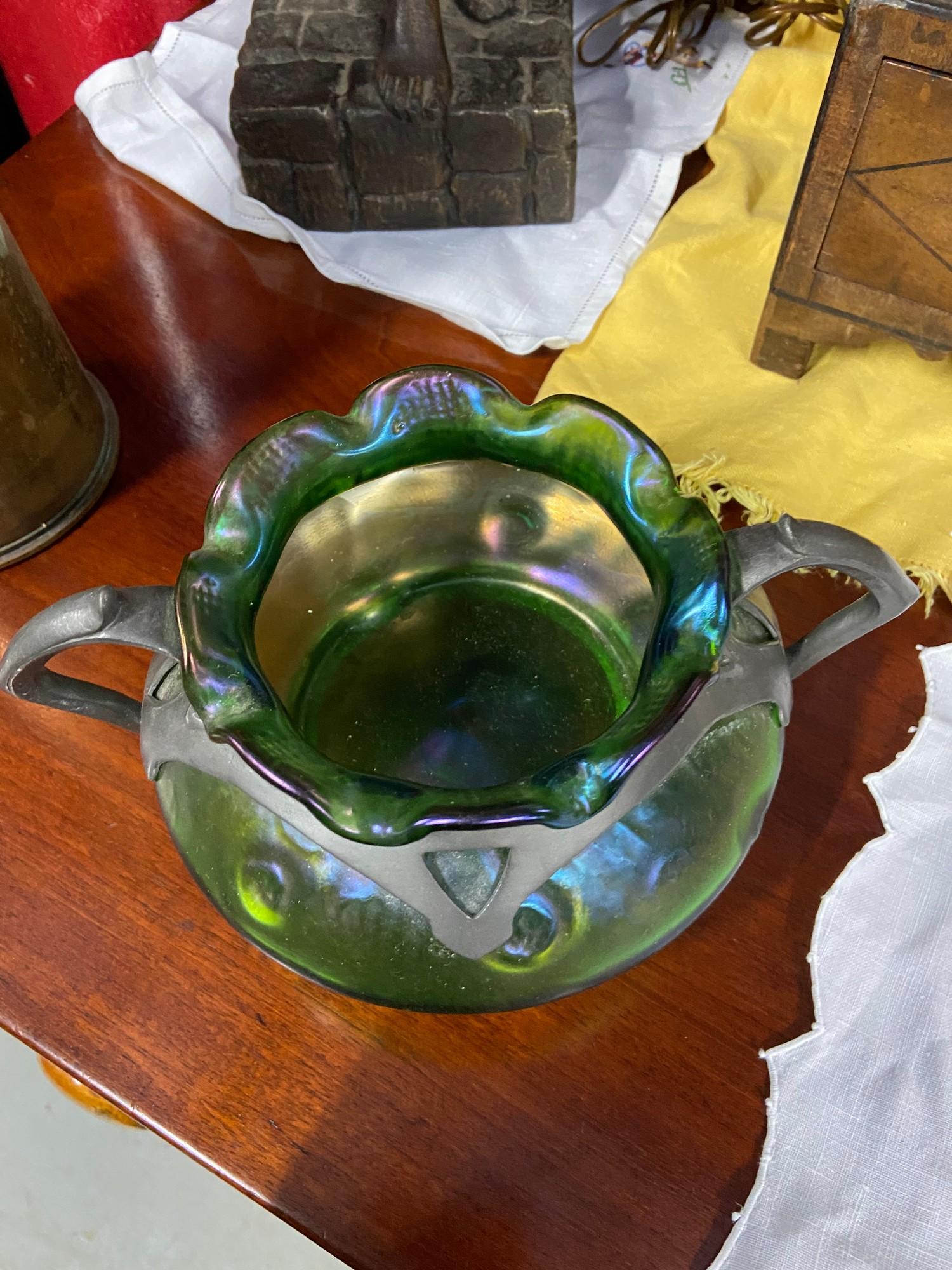 An Art Nouveau Loetz Iridescent art glass and pewter two handle bowl. [ - Image 3 of 4