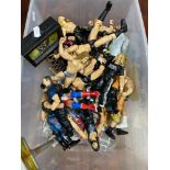 A Box of various talking wrestling figurines together with accessories. To include HHH, Stone cold