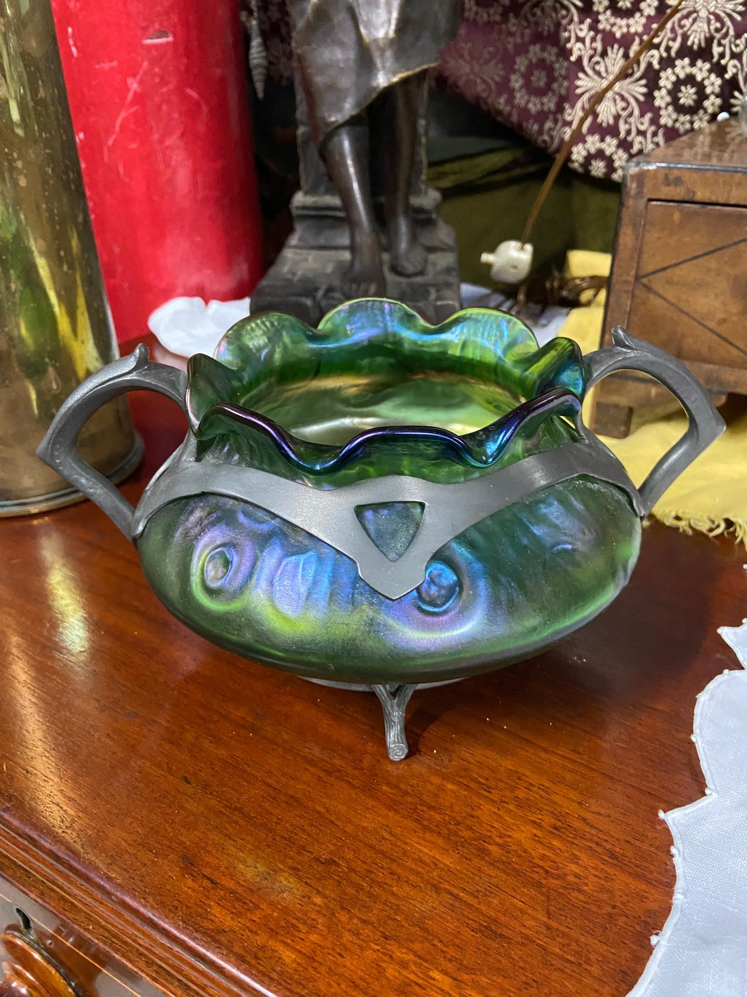 An Art Nouveau Loetz Iridescent art glass and pewter two handle bowl. [ - Image 2 of 4