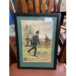 An original watercolour titled 'Sergeant Bugler and Adjutant rifle brigade review order 1905 by J.C.