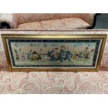 A Large Indian painting on silk, depicting a parade of importance/ procession. Fitted with a gilt