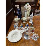 A Selection of collectable porcelain wares to include Pearl ware lady at a memorial statue, Parian