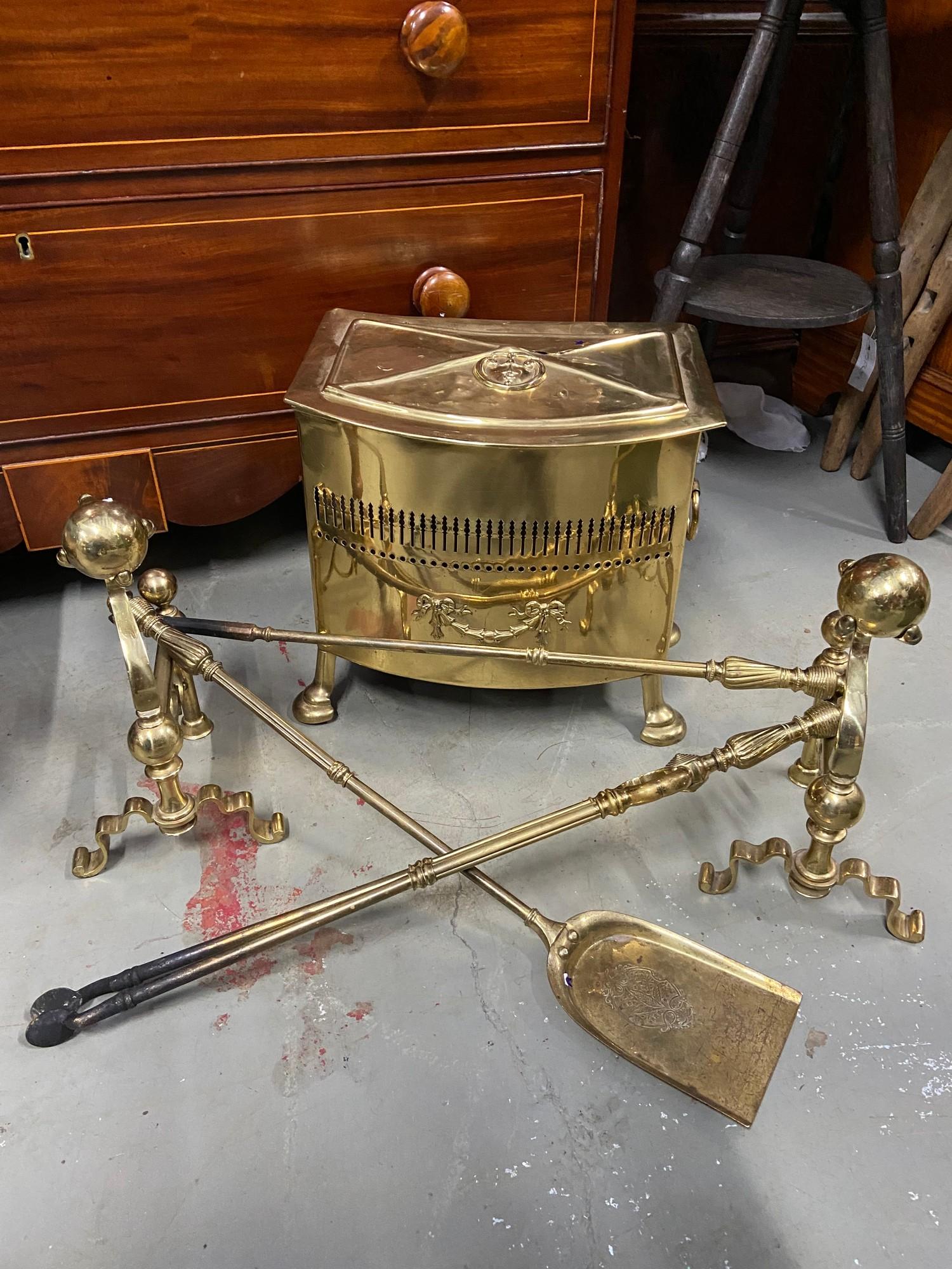 Antique gilt brass coal bucket in a regency style together with a pair of Victorian heavy gilt brass