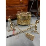 Antique gilt brass coal bucket in a regency style together with a pair of Victorian heavy gilt brass