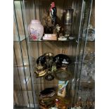 Three shelves of collectable odds to include minors lamp, Treen trinket boxes & Two lacquered and