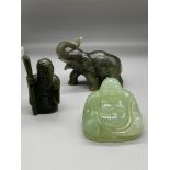 A Lot of three Chinese hand carved Jade and Spinach Jade figurines. Includes Laughing buddha, Old