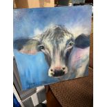 An original mixed media painting by Yvonne Hutchinson depicting a cow portrait. Titled Constance and