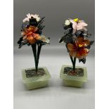 A Pair of Chinese Jade and hardstone flowers in pots. [13.5cm in height]