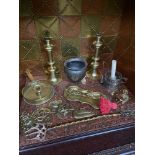 A Selection of various brass and pewter wares. Includes heavy brass candle sticks, night candle