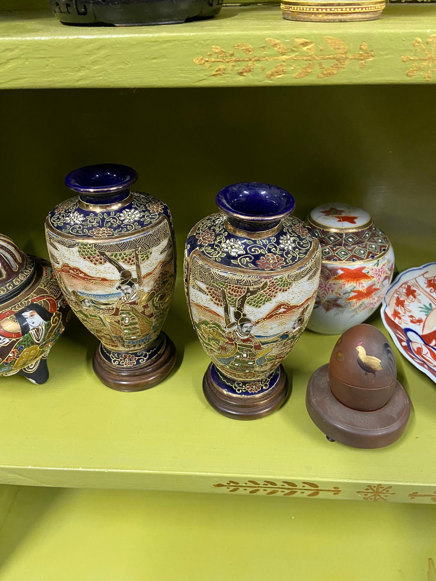 A Collection of Japanese Satsuma hand painted vases, plates and censor pots. Also includes a - Image 6 of 14