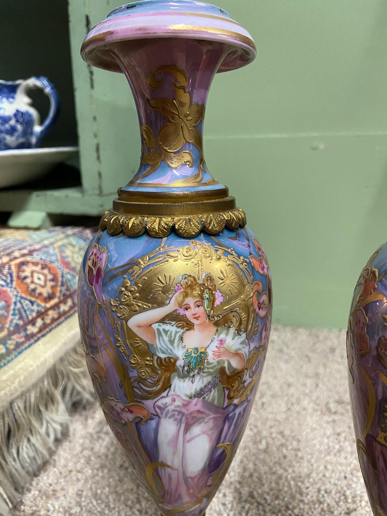 A Pair of antique French Sevres marked Art Nouveau and gilt ormolu design vases. [As Found] - Image 2 of 13