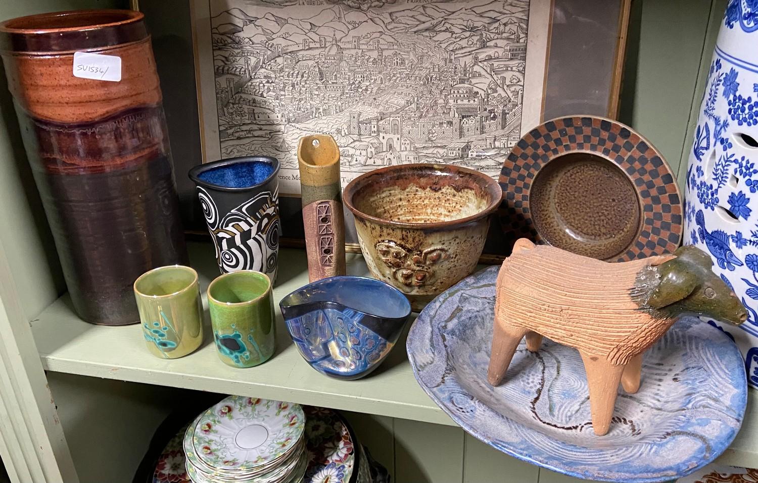A Collection of various studio pottery vases, bowls and goat figure. Includes various makers