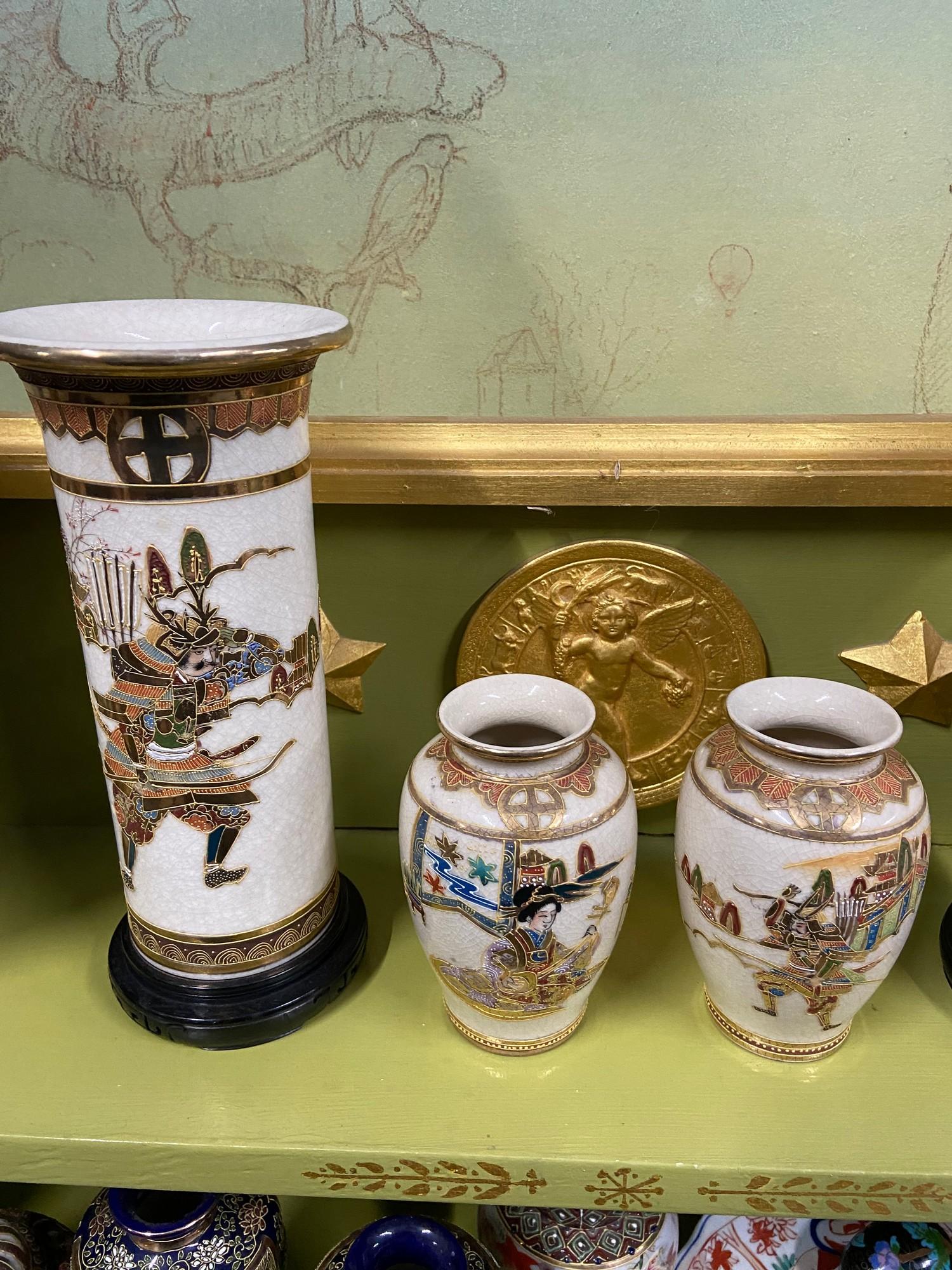 A Collection of Japanese Satsuma hand painted vases, plates and censor pots. Also includes a - Image 3 of 14