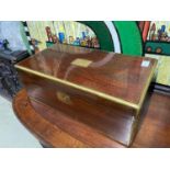 A Victorian brass bound writing slope. Interior details blue leather writing area. Two ink wells and