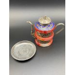 A Chinese white metal, cloisonné and agate tea pot together with a white metal Chinese Zodiac dish