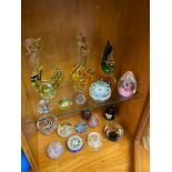 A Selection of murano glass birds and various art glass paperweights.