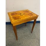 A Vintage Marquetry lift top side table. Musical.