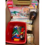 A Box of vintage toys to include lego, troll, fisher price cassette player and story books.