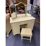 A Vintage hand painted dressing table with matching three way mirror and matching stool. Painted