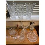 A Quantity of mixed crystal and glass. includes Three large cut crystal vases and Nachtmann dog