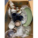 A Box of glass and porcelain wares to include Royal Albert old country roses cups
