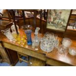 A Large quantity of art glass and crystal to include Large White Friars bubble design amber vase,
