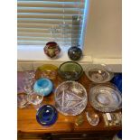 A Selection of art glass to include Bohemian purple and floral painted vase, White Friars bowls