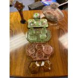 A Collection of art deco glass dressing table sets, Carnival glass vase, Bulbous vase and Maling