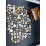 Antique paper mache box containing a large collection of silver and copper pre 1950's World coins.