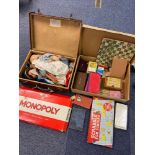 A Lot of vintage board games, accessories and travel case containing vintage dolls and mickey