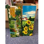 Two contemporary tiles depicting sunflowers and garden pathway to house door.