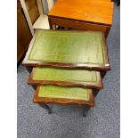 Antique style nest of three tables with green leather tops