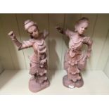 Two 19th century wood hand carved thai dancer figurines. [As seen] [