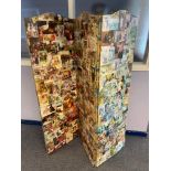 A Victorian three fold screen designed with various scrap cut outs and postcards. Decorated to